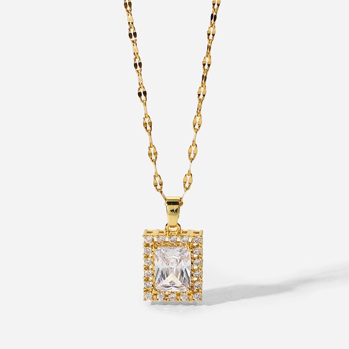 Bijoux en acier inoxydable plaqué or 18 carats collier pendentif zircon cubique blanc carré femme