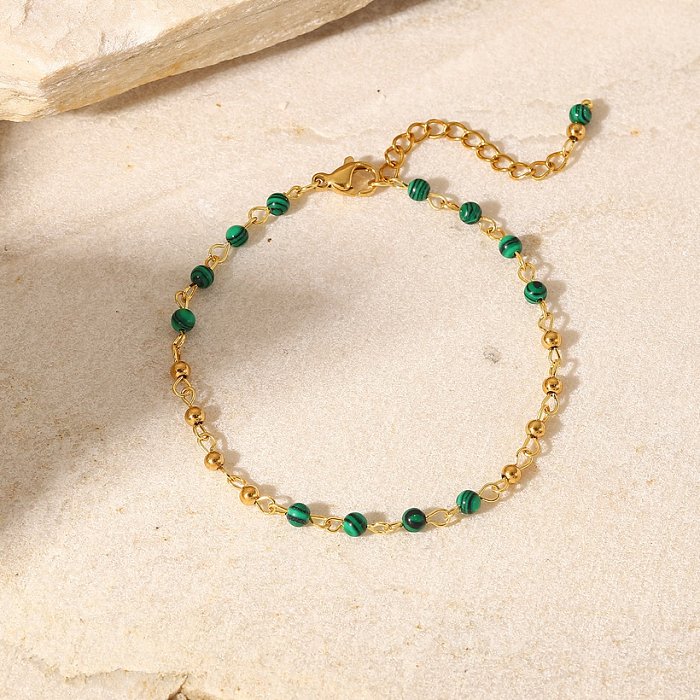 Womens Fashion Green Malachite round Beads 18K Gold Geometric Stainless Steel Bracelet