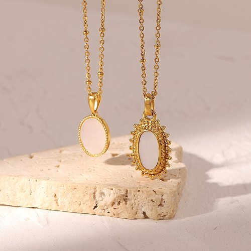 Fashion vintage embossed oval white shell stainless steel necklace