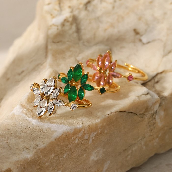 Anel aberto de aço inoxidável flor da moda anéis de aço inoxidável banhado a ouro zircão