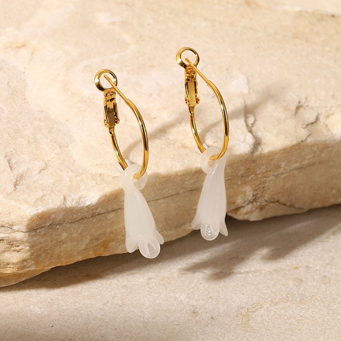 Boucles d'oreilles en acier inoxydable avec pendentif fleur de magnolia blanc en or 18 carats