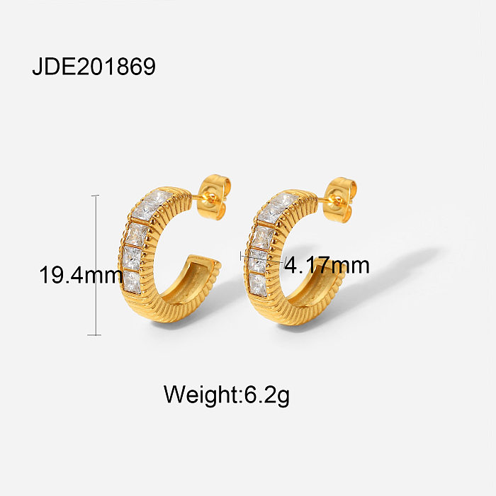 simple fashion stainless steel thread Cshaped inlaid zircon earring