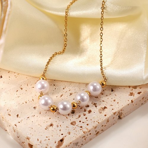 Fashion Stainless Steel Five Pearl Small Gold Bead Necklace