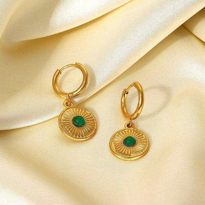 Fashion Stainless Steel Earrings Green SemiPrecious Round Pendant Earrings