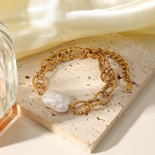 Pulseira de aço inoxidável banhada a ouro 18k estilo barroco pulseira de pérolas de água doce retrô barroco feminino