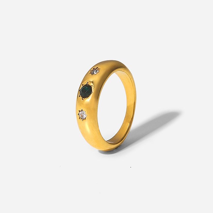 Novo anel de zircônio verde com estrelas de oito pontas banhado a ouro 18K de aço inoxidável