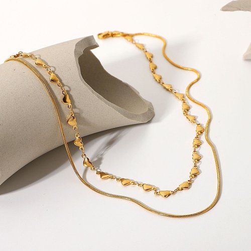 18K Gold Stainless Steel Metal Necklace Ladies Popular Heart Double Necklace