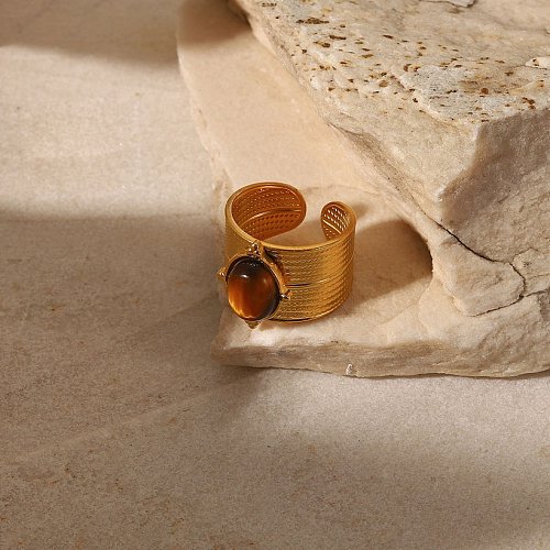 2022 New 18K Gold Natural Stone Tiger Beads Wide Open Stainless Steel Ring