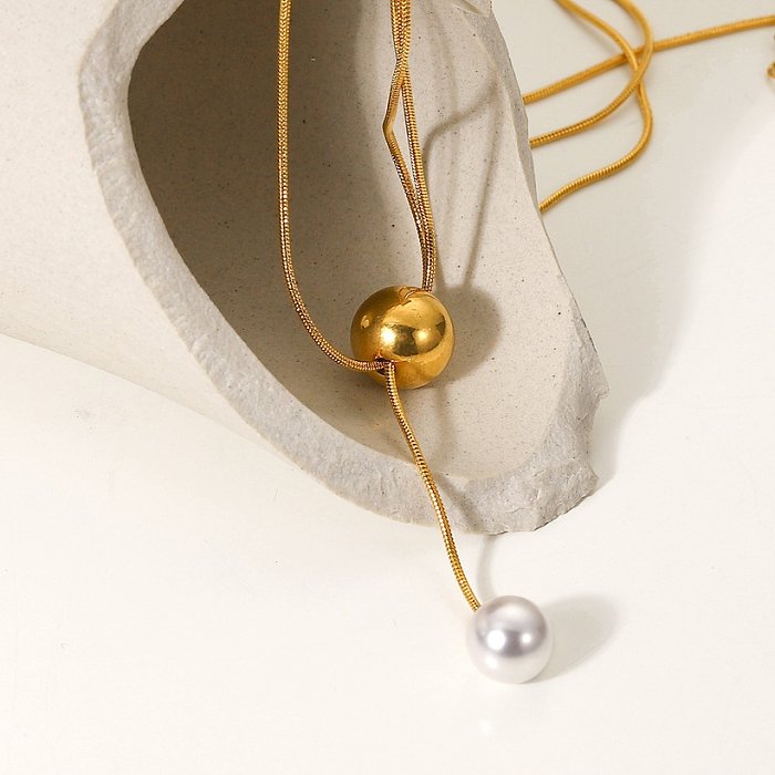 Collier en acier inoxydable plaqué or 18 carats en forme de Y avec une grande perle d'or