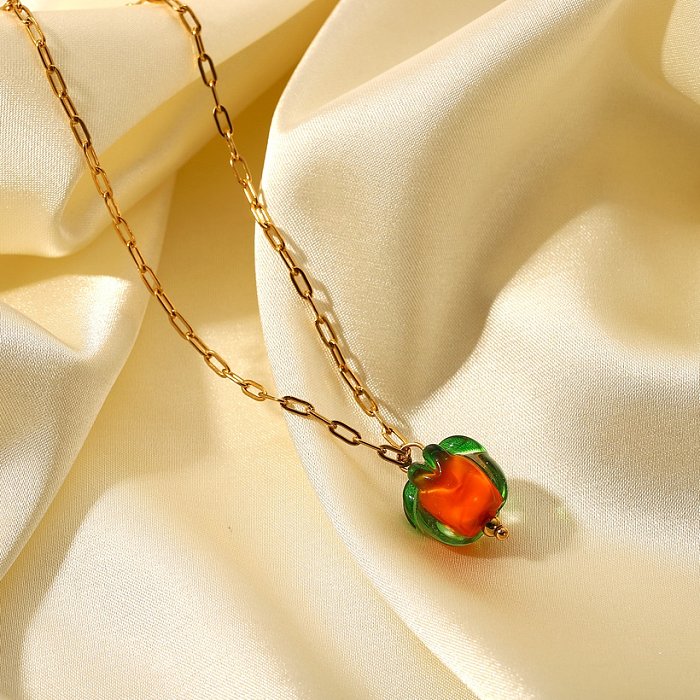 French 18K Gold Stainless Steel Cross Chain Glass Bead Persimmon Pendant Necklace