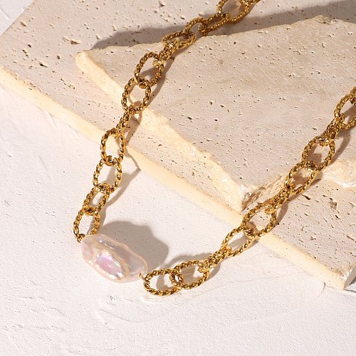 European and American 18K goldplated stainless steel retro baroque freshwater pearl twist chain necklace