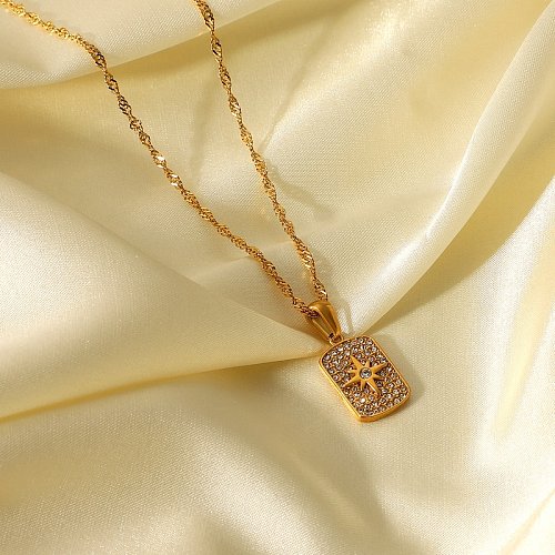 Collar con colgante de etiqueta de estrella de ocho puntas de circonio completo de acero inoxidable chapado en oro de 18 quilates a la moda