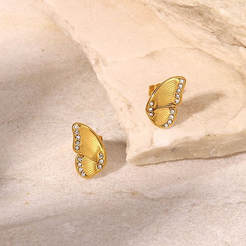 Fashion 18K Gold Stainless Steel Geometric Butterfly Wings Inlaid Zirconium Stud Earrings