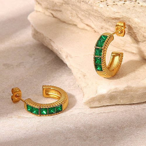 Fashion 18K Gold Square Green Zircon Inlaid Thread CShaped Stainless Steel Earring