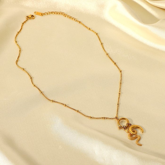 Collier pendentif rétro en acier inoxydable avec pendentif serpent lune en or 18 carats