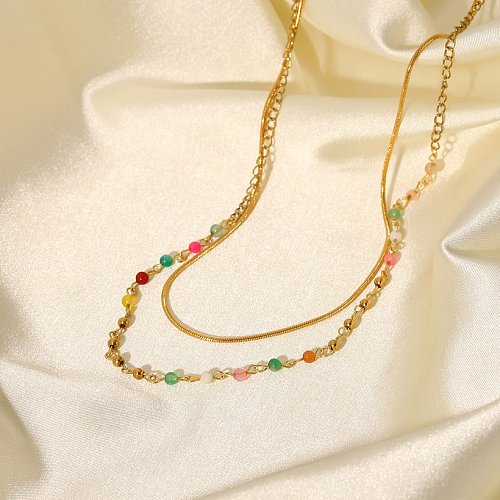 Fashion Colorful Stone Beads 18K Gold Stainless Steel Ball Bead Snake Chain Double Layer Titanium Steel Necklace