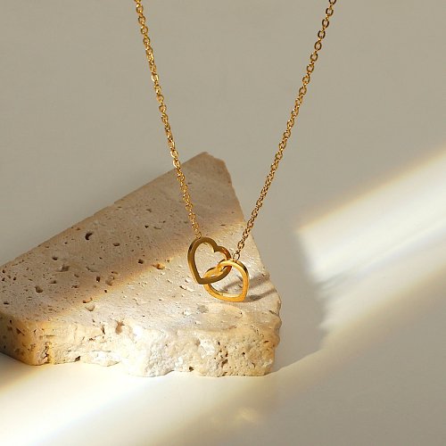 einfache 18 Karat Gold-Edelstahl-Doppelherz-Ring-Halskette im Großhandel