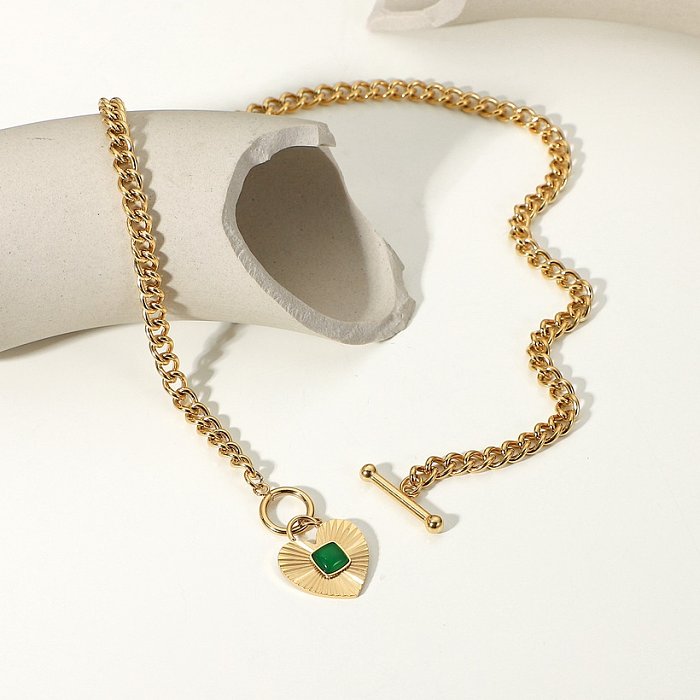 new heartshaped green agate OT buckle Cuban chain stainless steel necklace