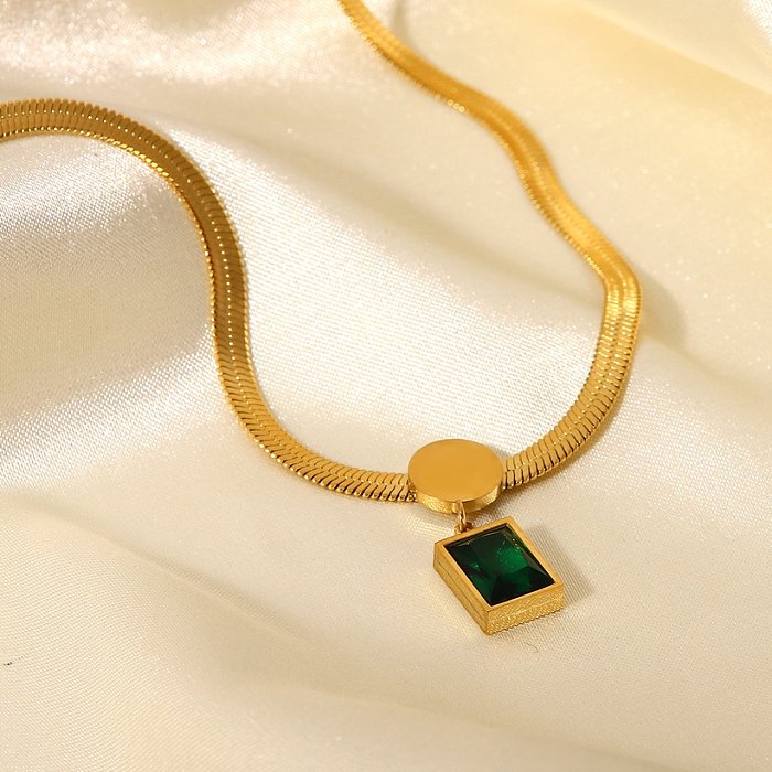 collier pendentif zircon carré vert en acier inoxydable or 18 carats