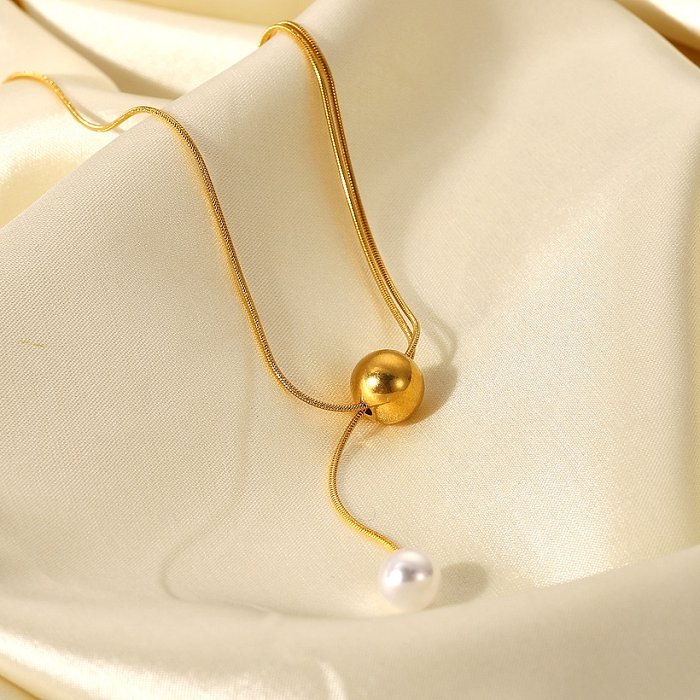 simple pearl large gold bead Yshaped 18K goldplated stainless steel necklace
