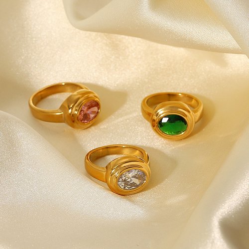 Nova joia de anel tridimensional de zircão oval de aço inoxidável banhado a ouro fashion