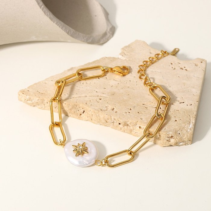 bracelet de perles incrustées d'étoiles à huit branches en acier inoxydable plaqué or 18 carats