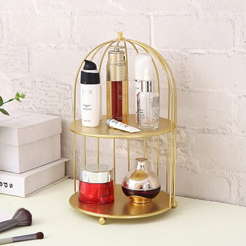 Estante de jaula de pájaros de hierro, estante de almacenamiento de cosméticos de escritorio, estante dorado de doble capa