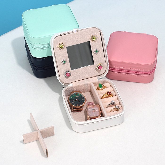 Cajas de almacenamiento de joyas portátiles de color sólido a la moda con espejos