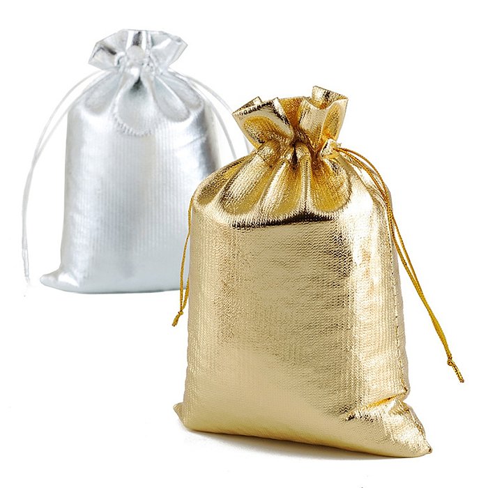 Bolsa de regalo de joyería de embalaje de tela de boca de haz de cordón de plata dorada