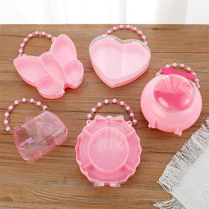 Linda caixa de armazenamento de joias de borboleta de plástico rosa em forma de coração
