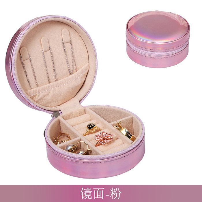New round solid color Zipper Portable PU Leather jewelry Box