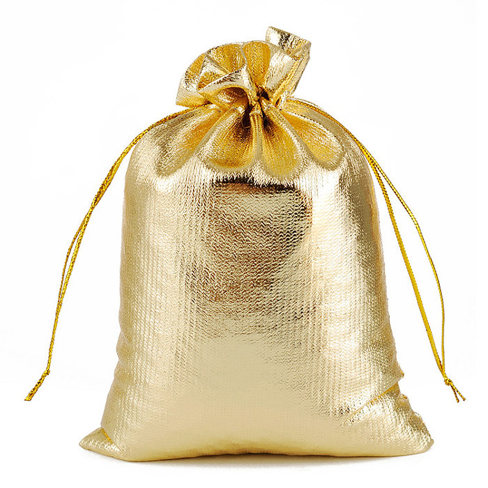 Bolsa de regalo de joyería de embalaje de tela de boca de haz de cordón de plata dorada