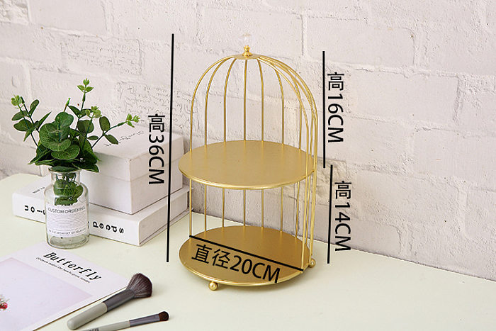 Support de cage à oiseaux en fer support de stockage cosmétique de bureau support double couche doré