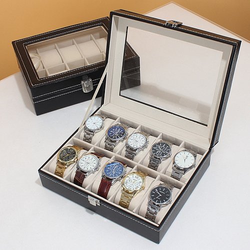 Caja de presentación de almacenamiento de diez relojes de cuero PU negro de moda