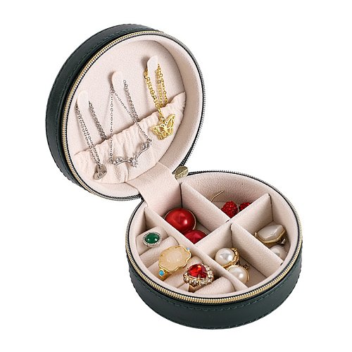 Boîte de rangement de bijoux en cuir PU rond simple portable