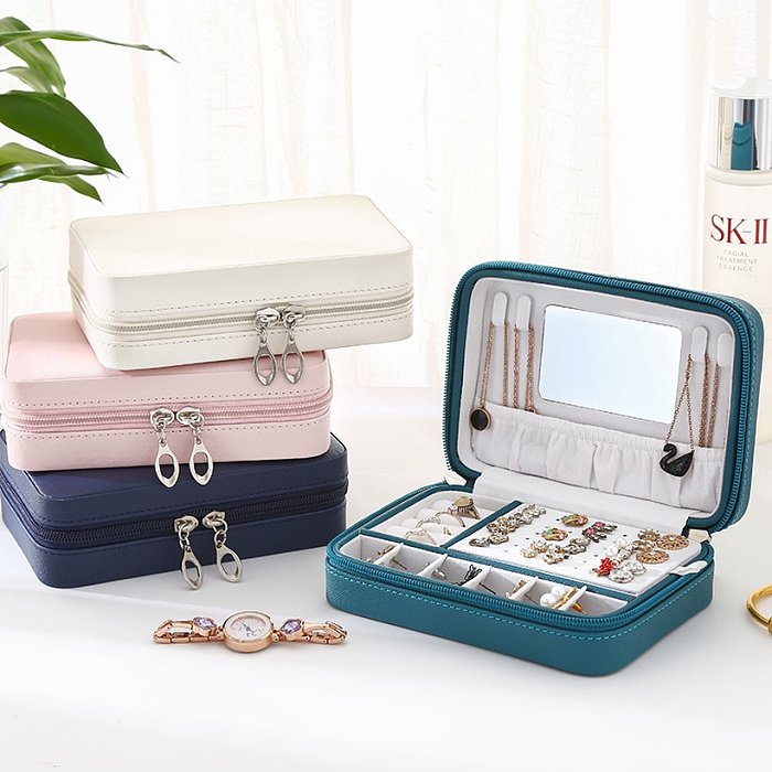 Caja de joyería con cremallera de almacenamiento de accesorios portátiles de joyería Simple de cuero de moda