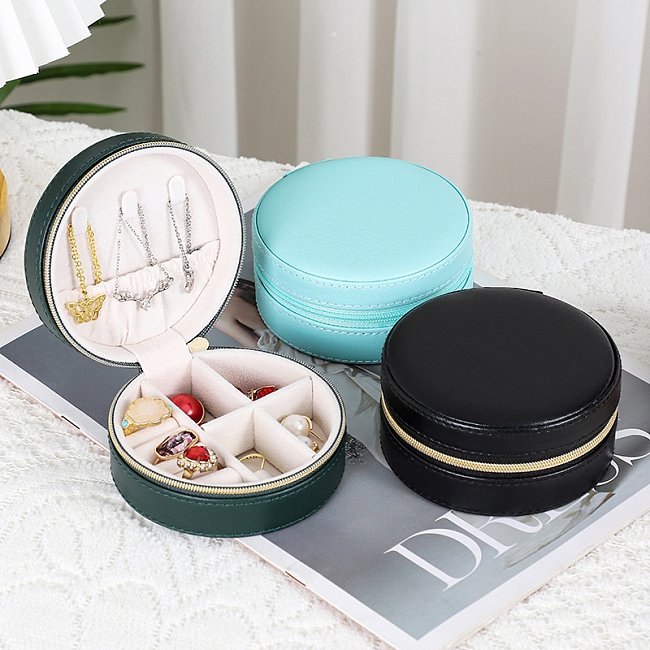 Simple Round PU Leather Jewelry Storage Box Portable