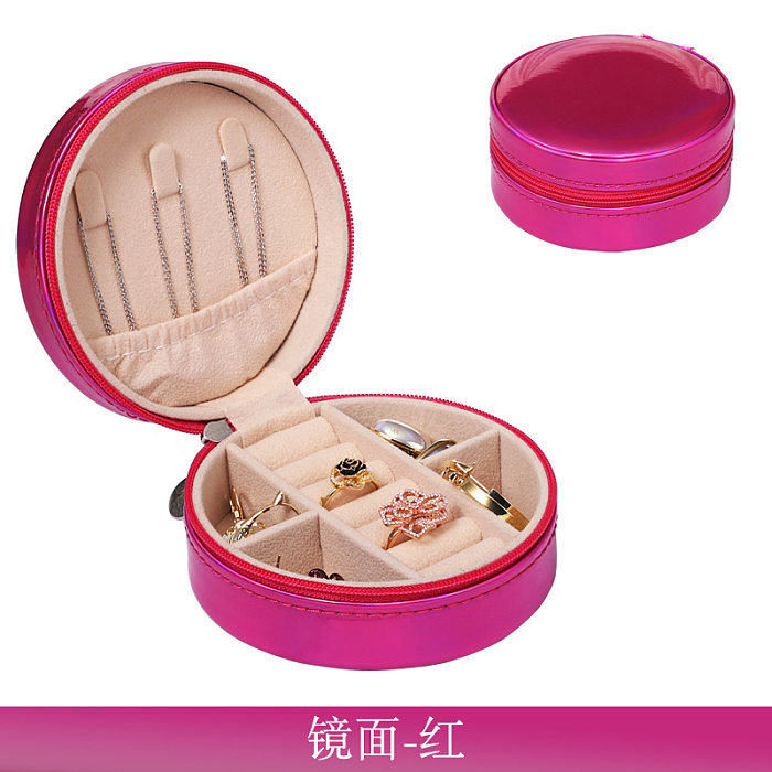 New round solid color Zipper Portable PU Leather jewelry Box