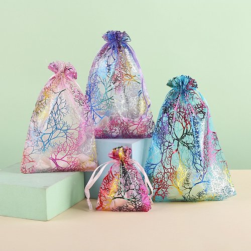 Gilding Colorful Coral Transparent Yarn Drawstring Bundle Mesh Bag Jewelry Packaging