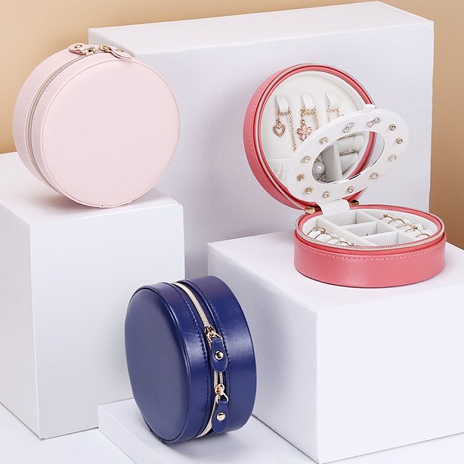 New round solid color Zipper Portable PU Leather jewelry Box