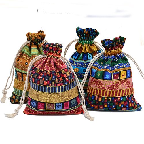 Sacos de embalagem de joias de algodão geométrico estilo étnico com cordão
