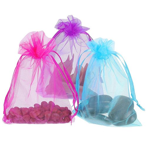 Bolsa de joyería de Organza de Color sólido, bolsa de dulces de regalo de bolsillo con cordón de malla transparente, venta al por mayor