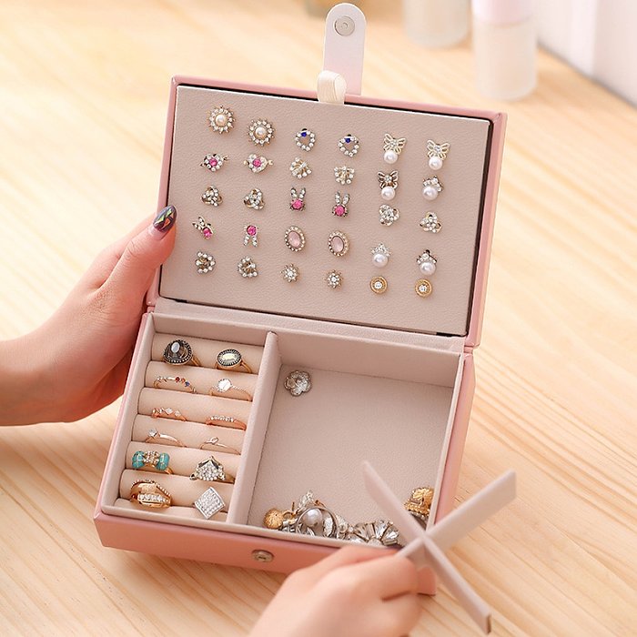 المرأة بسيط المحمولة ثلاث طبقات مجوهرات صندوق تخزين أقراط الأذن مربط الدائري
