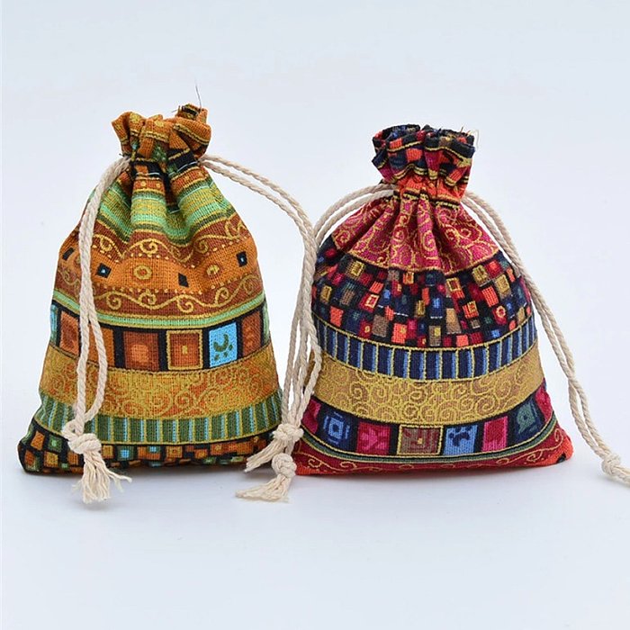 Sacos de embalagem de joias de algodão geométrico estilo étnico com cordão