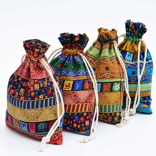 Sacs d'emballage de bijoux en coton à cordon géométrique de style ethnique