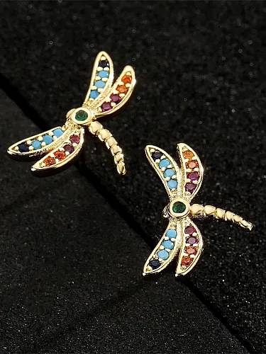 Brass Cubic Zirconia Dragonfly Cute Stud Earring