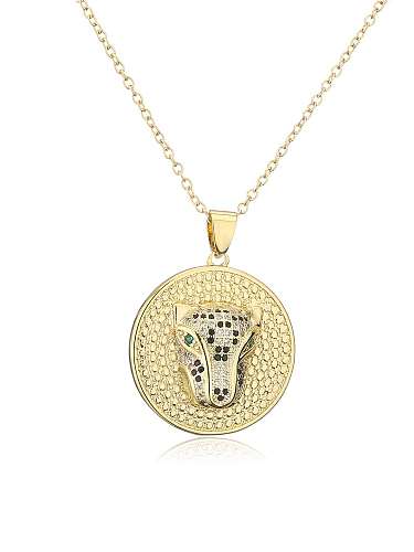 Brass Cubic Zirconia Leopard Vintage Round Pendant Necklace