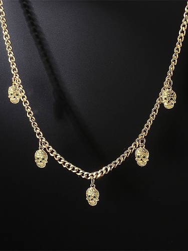 Collier à chaîne creuse vintage en laiton avec zircon cubique et tête de mort