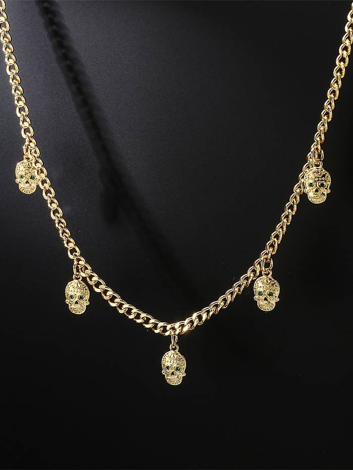 Brass Cubic Zirconia Skull Vintage Hollow Chain Necklace