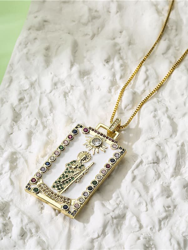 Brass Rhinestone Enamel Rectangle Vintage Priest Pendant Necklace